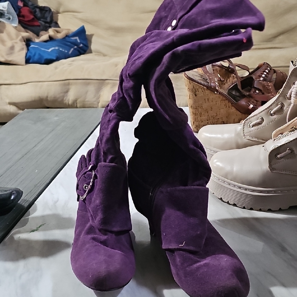 Qupid Purple Over the Knee Boots with Slouchy Suede